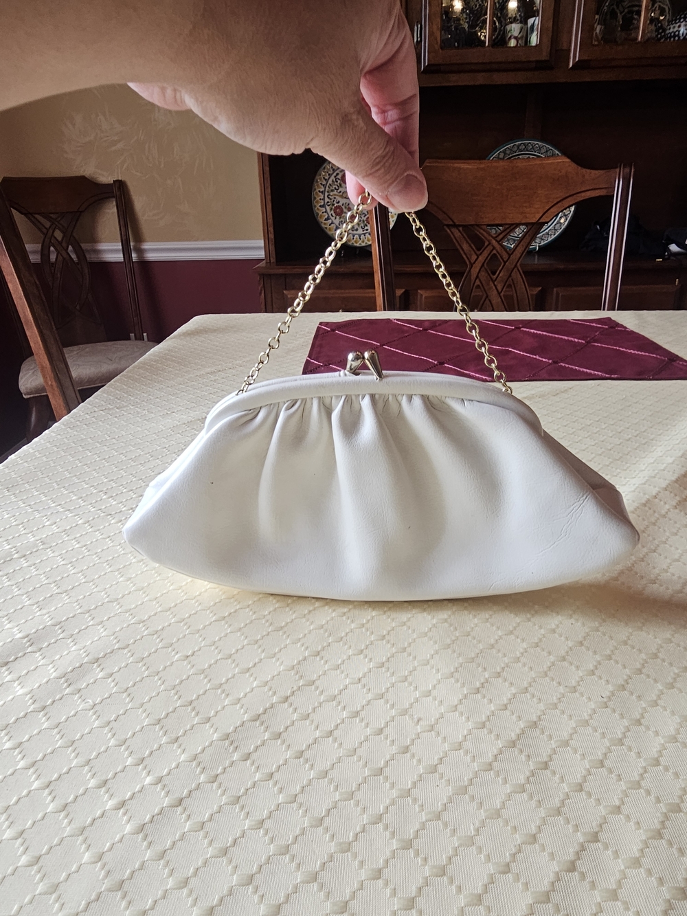 Vintage 1960's Classic Crwam Pleated Frame Clutch with Gold Chain